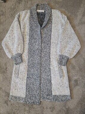 Cozy Gray Two-Tone Open Front Duster Long Cardigan Knit Sweater Bishop Sleeve